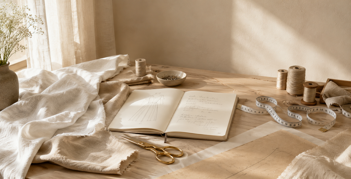 Table de création avec tissus, carnet de croquis, bobines de fil et mètre ruban.