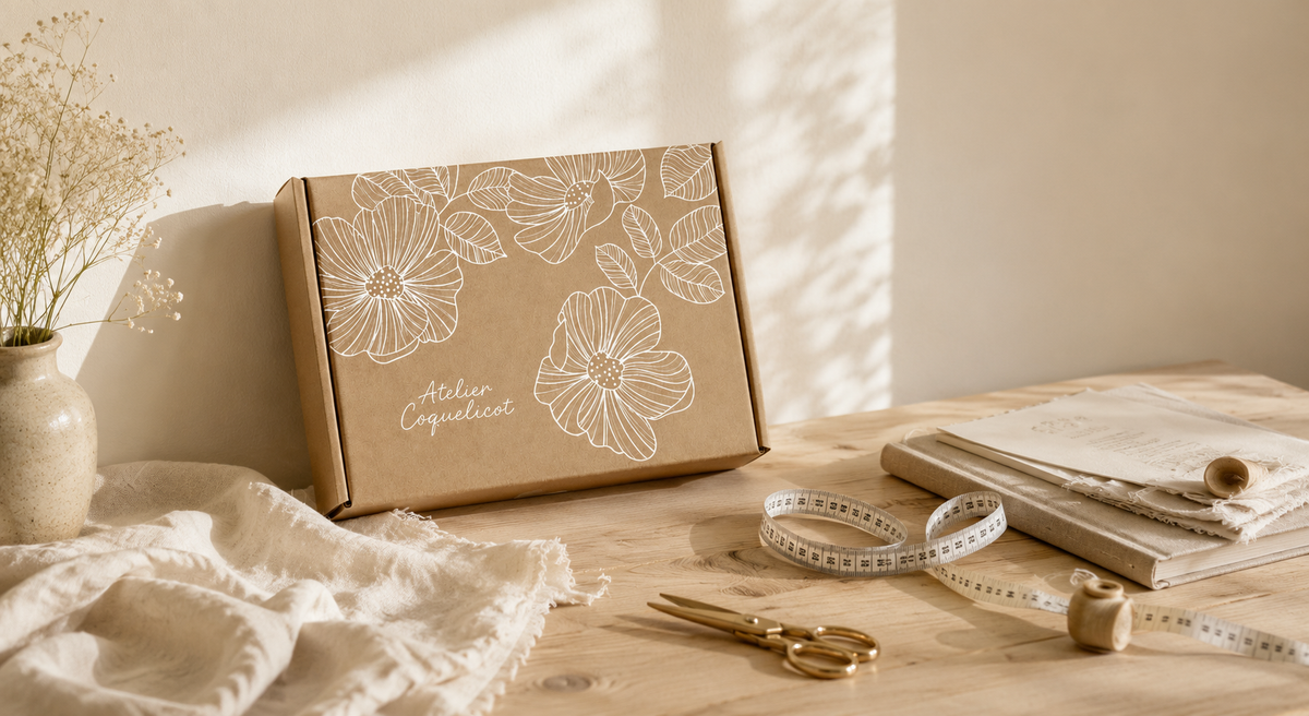 Colis Atelier Coquelicot entouré de tissus et d’accessoires de couture