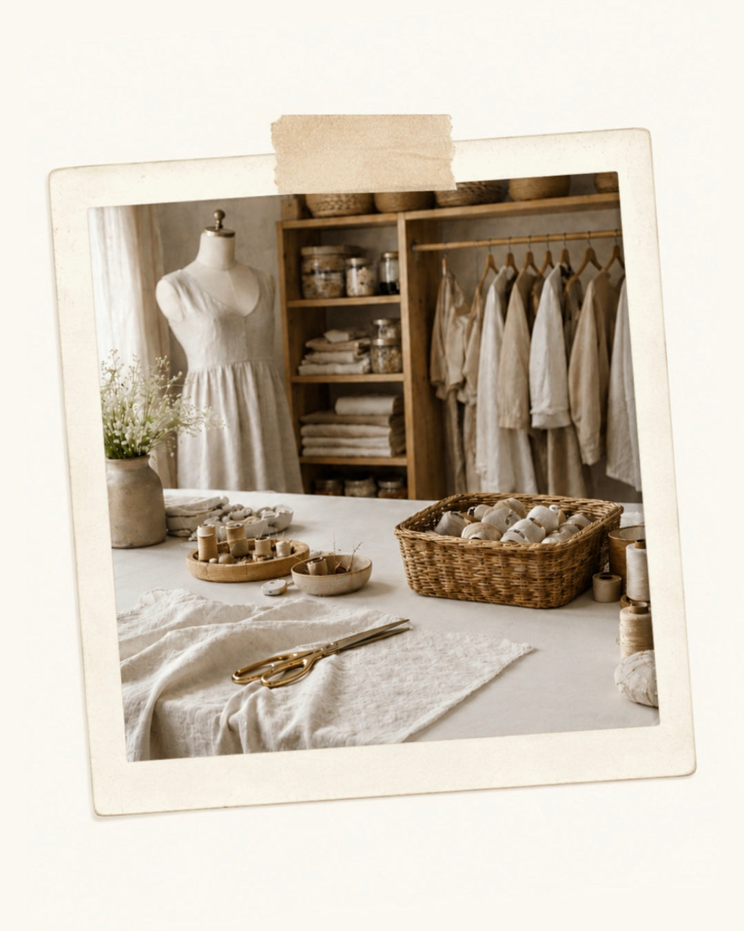 Espace de confection avec mannequin de couture, vêtements suspendus et matières naturelles.