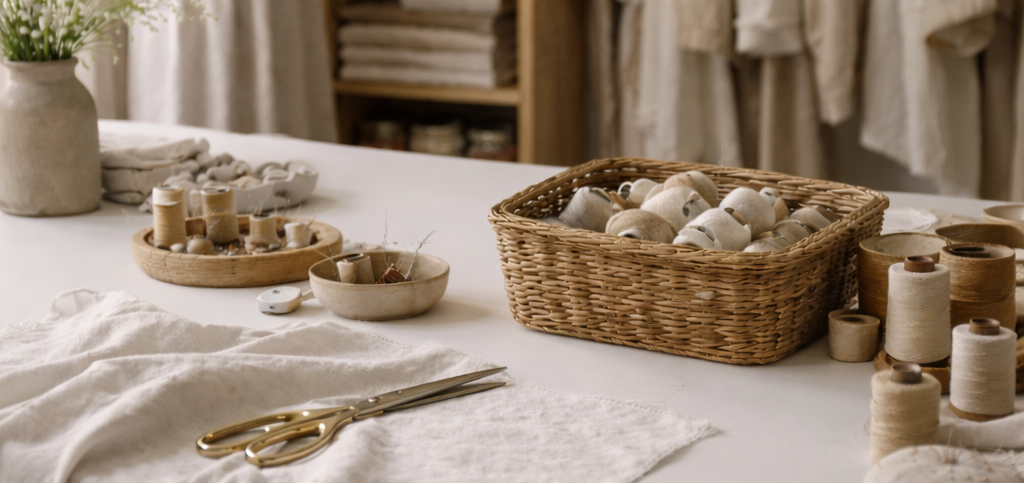 Table de confection avec tissu naturel, ciseaux de couture, bobines de fil et panier en osier.